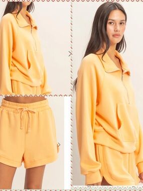 Soft Half-Zip Pullover & Drawstring Shorts Set - Apricot  Doublezero